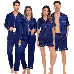 imageSWOMOG Matching Pajamas Sets for Couples 4 Pcs Silk Satin Pjs Sets Women ampamp Men ButtonDown Sleepwear Soft LoungewearNavy Blue