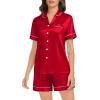 imageSWOMOG Couples Matching Pajamas Set Satin Short Sleeve Button Down Tops Silk Shorts Pj Lounge Set Soft SleepwearRed
