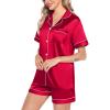 imageSWOMOG Satin Matching Pajamas Sets Couple Silk Button Down Nightwear Short Sleeve Sleepwear 2 Pieces Loungewear with ShortsCamellia Redwomen No Pocket