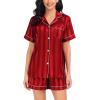 imageSWOMOG Satin Matching Pajamas Sets Couple Silk Button Down Nightwear Short Sleeve Sleepwear 2 Pieces Loungewear with ShortsCrimson Stripedwomen No Pocket