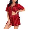 imageSWOMOG Satin Matching Pajamas Sets Couple Silk Button Down Nightwear Short Sleeve Sleepwear 2 Pieces Loungewear with ShortsCrimson Stripedwomen No Pocket
