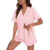 imageSWOMOG Woman Pajama Set Short Sleeve Pjs Set 2Pcs Short Pajamas Button Down Ruffle Hem Sleepwear Soft Modal LoungewearPink