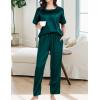 imageSWOMOG Womens 2 Piece Satin Pajamas Silk Short Sleeve Pjs Sets Capri Bottom Pajama Pants Loose Outfit with PocketsDark Green