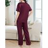 imageSWOMOG Womens 2 Piece Satin Pajamas Silk Short Sleeve Pjs Sets Capri Bottom Pajama Pants Loose Outfit with PocketsDark Wine Red