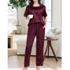 imageSWOMOG Womens 2 Piece Satin Pajamas Silk Short Sleeve Pjs Sets Capri Bottom Pajama Pants Loose Outfit with PocketsDark Wine Red