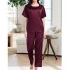 imageSWOMOG Womens 2 Piece Satin Pajamas Silk Short Sleeve Pjs Sets Capri Bottom Pajama Pants Loose Outfit with PocketsDark Wine Red