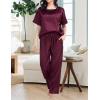 imageSWOMOG Womens 2 Piece Satin Pajamas Silk Short Sleeve Pjs Sets Capri Bottom Pajama Pants Loose Outfit with PocketsDark Wine Red