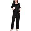 imageSWOMOG Womens 2 Piece Satin Pajamas Silk Short Sleeve Pjs Sets Capri Bottom Pajama Pants Loose Outfit with PocketsDull Black