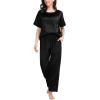 imageSWOMOG Womens 2 Piece Satin Pajamas Silk Short Sleeve Pjs Sets Capri Bottom Pajama Pants Loose Outfit with PocketsDull Black