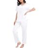 imageSWOMOG Womens 2 Piece Satin Pajamas Silk Short Sleeve Pjs Sets Capri Bottom Pajama Pants Loose Outfit with PocketsPear White
