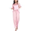 imageSWOMOG Womens 2 Piece Satin Pajamas Silk Short Sleeve Pjs Sets Capri Bottom Pajama Pants Loose Outfit with PocketsSakura Pink