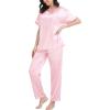 imageSWOMOG Womens 2 Piece Satin Pajamas Silk Short Sleeve Pjs Sets Capri Bottom Pajama Pants Loose Outfit with PocketsSakura Pink