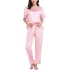imageSWOMOG Womens 2 Piece Satin Pajamas Silk Short Sleeve Pjs Sets Capri Bottom Pajama Pants Loose Outfit with PocketsSakura Pink
