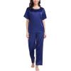 imageSWOMOG Womens 2 Piece Satin Pajamas Silk Short Sleeve Pjs Sets Capri Bottom Pajama Pants Loose Outfit with PocketsSolid Navy Blue
