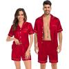 imageSWOMOG Couples Matching Pajamas Set Satin Short Sleeve Button Down Tops Silk Shorts Pj Lounge Set Soft SleepwearRed