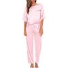 imageSWOMOG Womens 2 Piece Satin Pajamas Silk Short Sleeve Pjs Sets Capri Bottom Pajama Pants Loose Outfit with PocketsSakura Pink