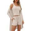 imageSWOMOG Womens 3 Piece Ribbed Knit Lounge Sets Pajama Sets Cardigan Loungewear Robe Tank Top and Shorts with PocketsCream