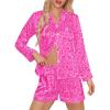 imageSWOMOG Womens Silk Satin Pajamas Set Long Sleeve Loungewear Twopiece Sleepwear ButtonDown Pj SetHot Pink Leopard
