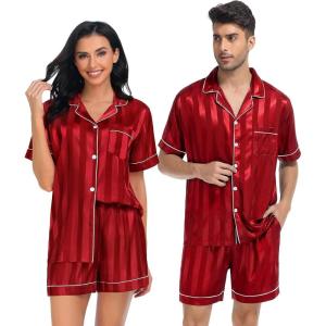 imageSWOMOG Satin Matching Pajamas Sets Couple Silk Button Down Nightwear Short Sleeve Sleepwear 2 Pieces Loungewear with ShortsCrimson Stripedmen