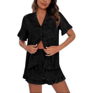 imageSWOMOG Woman Pajama Set Short Sleeve Pjs Set 2Pcs Short Pajamas Button Down Ruffle Hem Sleepwear Soft Modal LoungewearBlack Grey