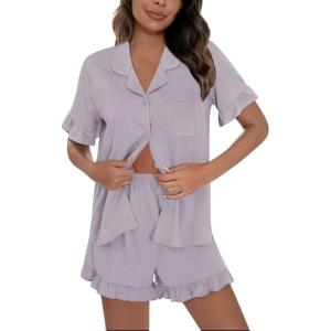 imageSWOMOG Woman Pajama Set Short Sleeve Pjs Set 2Pcs Short Pajamas Button Down Ruffle Hem Sleepwear Soft Modal LoungewearLilac