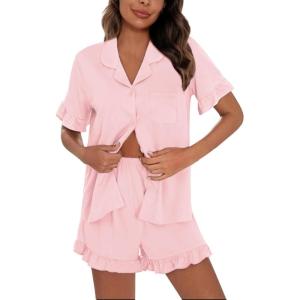 imageSWOMOG Woman Pajama Set Short Sleeve Pjs Set 2Pcs Short Pajamas Button Down Ruffle Hem Sleepwear Soft Modal LoungewearPink