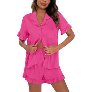 imageSWOMOG Woman Pajama Set Short Sleeve Pjs Set 2Pcs Short Pajamas Button Down Ruffle Hem Sleepwear Soft Modal LoungewearRosered
