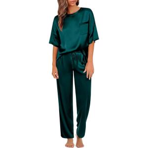 imageSWOMOG Womens 2 Piece Satin Pajamas Silk Short Sleeve Pjs Sets Capri Bottom Pajama Pants Loose Outfit with PocketsDark Green