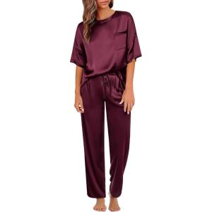 imageSWOMOG Womens 2 Piece Satin Pajamas Silk Short Sleeve Pjs Sets Capri Bottom Pajama Pants Loose Outfit with PocketsDark Wine Red
