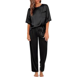 imageSWOMOG Womens 2 Piece Satin Pajamas Silk Short Sleeve Pjs Sets Capri Bottom Pajama Pants Loose Outfit with PocketsDull Black