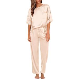 imageSWOMOG Womens 2 Piece Satin Pajamas Silk Short Sleeve Pjs Sets Capri Bottom Pajama Pants Loose Outfit with PocketsLight Orange