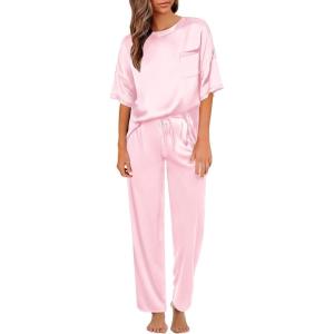 imageSWOMOG Womens 2 Piece Satin Pajamas Silk Short Sleeve Pjs Sets Capri Bottom Pajama Pants Loose Outfit with PocketsSakura Pink