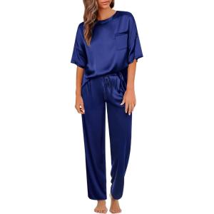imageSWOMOG Womens 2 Piece Satin Pajamas Silk Short Sleeve Pjs Sets Capri Bottom Pajama Pants Loose Outfit with PocketsSolid Navy Blue