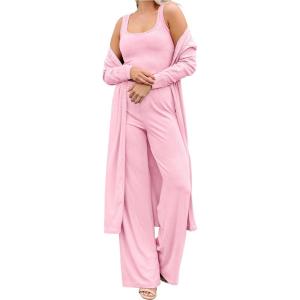imageSWOMOG Womens 3 Piece Matching Set Ribbed Knit Lounge Sets Tank Cardigan and Pants Pajamas Loungewear Outfits with PocketsPink