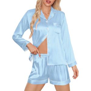 imageSWOMOG Womens Silk Satin Pajamas Set Long Sleeve Loungewear Twopiece Sleepwear ButtonDown Pj SetBlue Striped