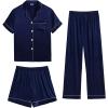 imageSWOMOG Mens 3pcs Pajamas Set Silk Satin Short Sleeve Sleepwear Button Down Pjs Classic Loungewear NightwearDark Navy Blue