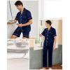imageSWOMOG Mens 3pcs Pajamas Set Silk Satin Short Sleeve Sleepwear Button Down Pjs Classic Loungewear NightwearDark Navy Blue