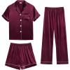 imageSWOMOG Mens 3pcs Pajamas Set Silk Satin Short Sleeve Sleepwear Button Down Pjs Classic Loungewear NightwearDark Wine Red