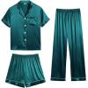 imageSWOMOG Mens 3pcs Pajamas Set Silk Satin Short Sleeve Sleepwear Button Down Pjs Classic Loungewear NightwearGreen