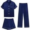 imageSWOMOG Mens 3pcs Pajamas Set Silk Satin Short Sleeve Sleepwear Button Down Pjs Classic Loungewear NightwearNavy Blue