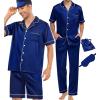 imageSWOMOG Mens 3pcs Pajamas Set Silk Satin Short Sleeve Sleepwear Button Down Pjs Classic Loungewear NightwearZberry