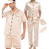 imageSWOMOG Mens 3pcs Pajamas Set Silk Satin Short Sleeve Sleepwear Button Down Pjs Classic Loungewear NightwearZlight Blonde