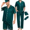 imageSWOMOG Mens 3pcs Pajamas Set Silk Satin Short Sleeve Sleepwear Button Down Pjs Classic Loungewear NightwearZmoss