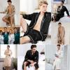 imageSWOMOG Mens Satin Robe Silky Kimono Bathrobe with Shorts Set Lightweight Soft Loungewear NightwearOpaue Couche