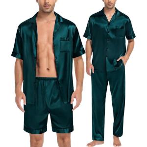 imageSWOMOG Mens 3pcs Pajamas Set Silk Satin Short Sleeve Sleepwear Button Down Pjs Classic Loungewear NightwearDark Green