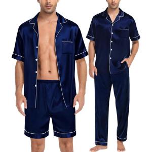 imageSWOMOG Mens 3pcs Pajamas Set Silk Satin Short Sleeve Sleepwear Button Down Pjs Classic Loungewear NightwearDark Navy Blue