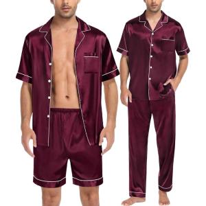 imageSWOMOG Mens 3pcs Pajamas Set Silk Satin Short Sleeve Sleepwear Button Down Pjs Classic Loungewear NightwearDark Wine Red
