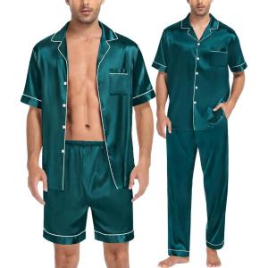 imageSWOMOG Mens 3pcs Pajamas Set Silk Satin Short Sleeve Sleepwear Button Down Pjs Classic Loungewear NightwearGreen