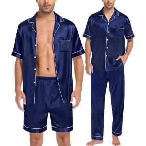 imageSWOMOG Mens 3pcs Pajamas Set Silk Satin Short Sleeve Sleepwear Button Down Pjs Classic Loungewear NightwearNavy Blue