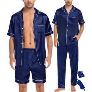 imageSWOMOG Mens 3pcs Pajamas Set Silk Satin Short Sleeve Sleepwear Button Down Pjs Classic Loungewear NightwearZberry